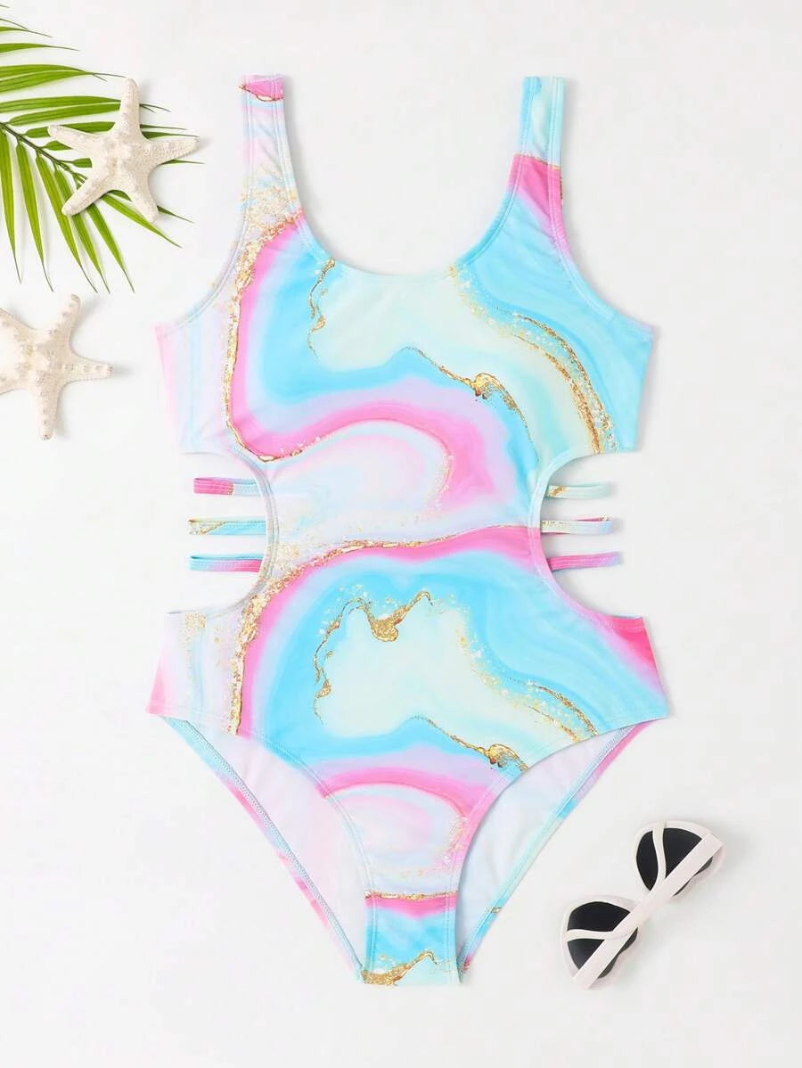 LovelyLux Girl  Marble Print Cut Out Side One Piece Swimsuit