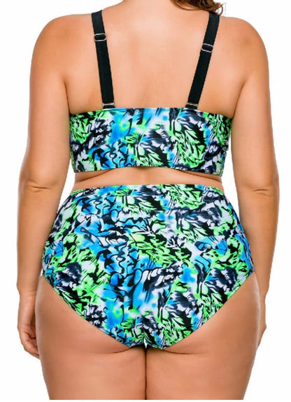 Lovelylux Blue & Green Abstract Cutout -Front High- Waist Bikini