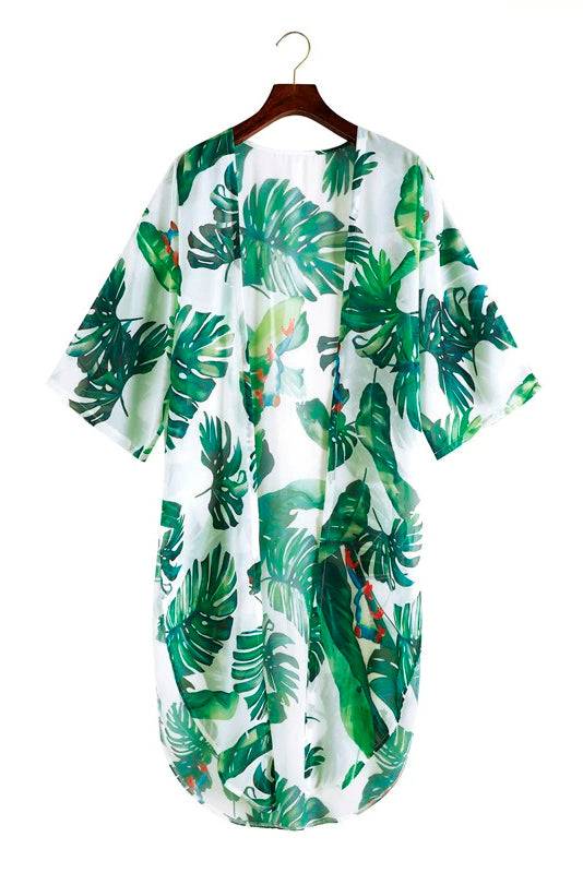 Green Leaf Print Cover Chiffon Kimono